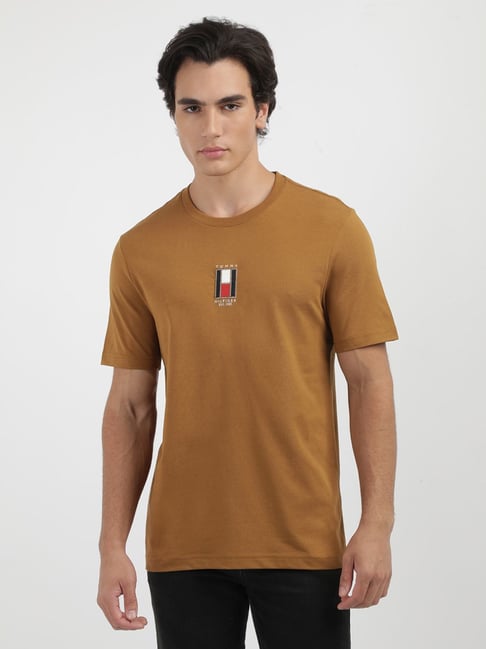 Tommy Hilfiger Brown Cotton Regular Fit Logo Printed T-Shirts