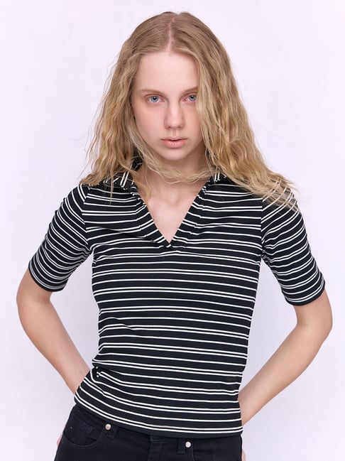Cover Story White & Black Striped Polo T-Shirt