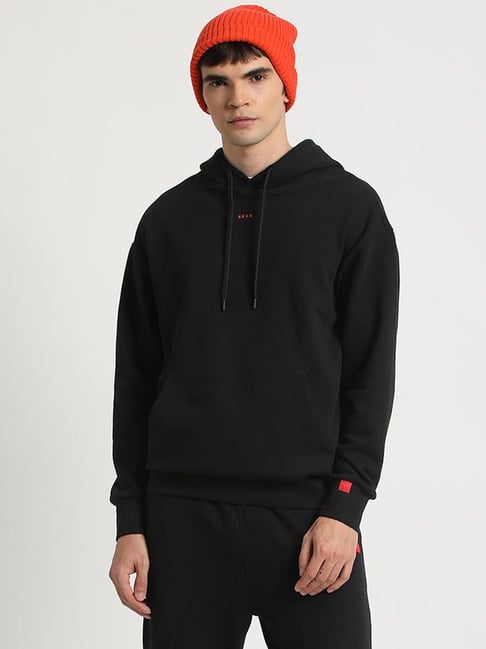 The Bear House Black Cotton Regular Fit Hooded Sweatshirt