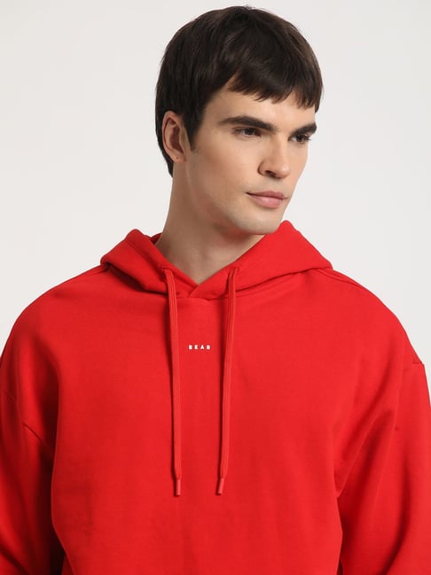 The Bear House Red Cotton Regular Fit Hooded Sweatshirt