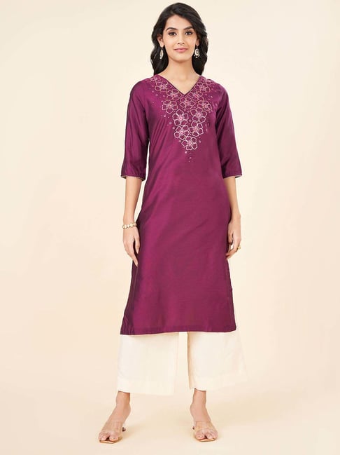 Rangmanch by Pantaloons Purple Embroidered Straight Kurta-image-48