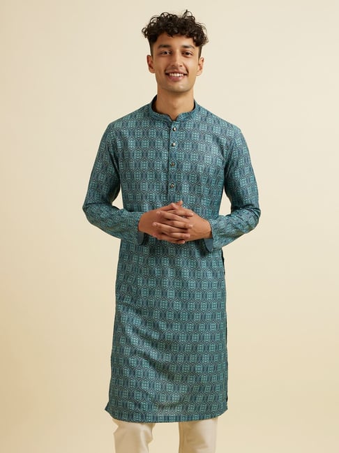 Manyavar Green Regular Fit Printed Kurta