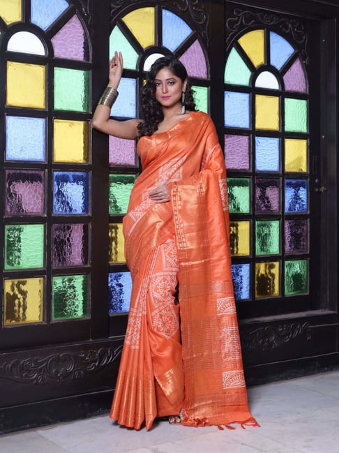 CHARUKRITI Orange Printed Saree With Unstitched Blouse-picture-47