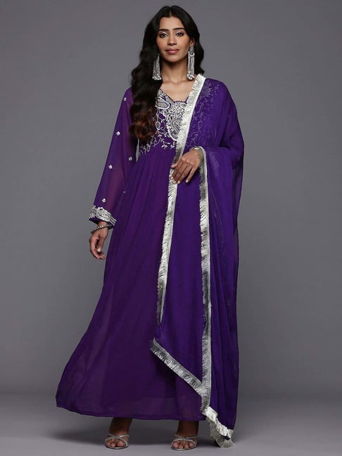 Varanga Purple Embroidered Anarkali Kurta With Dupatta-image-33