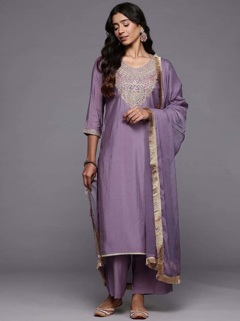 Varanga Lavender Embroidered Kurta & Palazzo Set With Dupatta