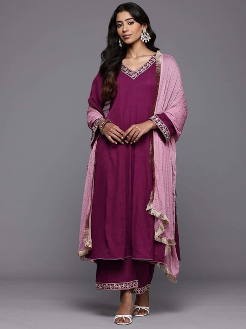 Varanga Purple Embroidered Kurta & Palazzo Set With Dupatta