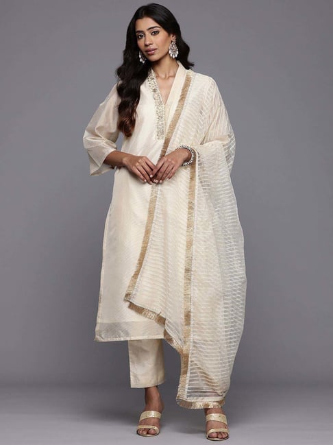 Varanga Cream Embroidered Kurta & Pant Set With Dupatta