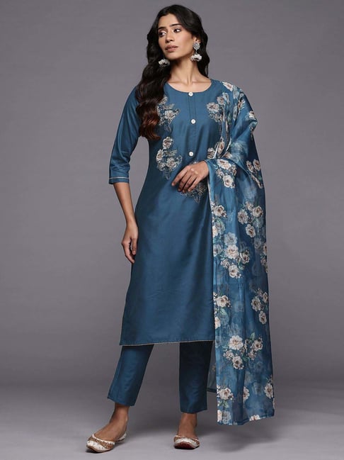 Varanga Blue Embroidered Kurta & Pant Set With Dupatta