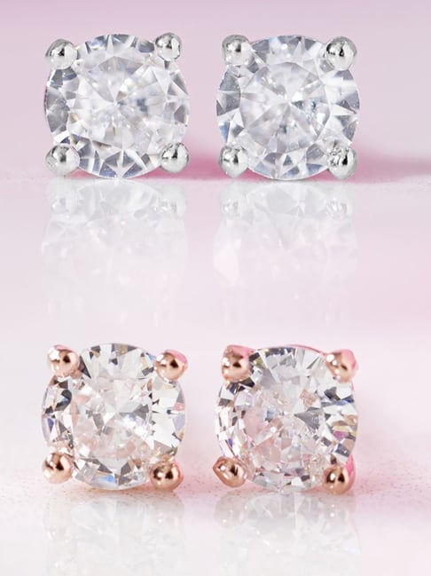 Zavya Glamorous Trio Cubic Zirconia Rhodium-Plated Stud Earrings Set