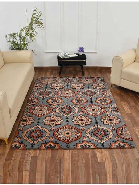 Presto Grey & Orange Polyester Traditional Carpet