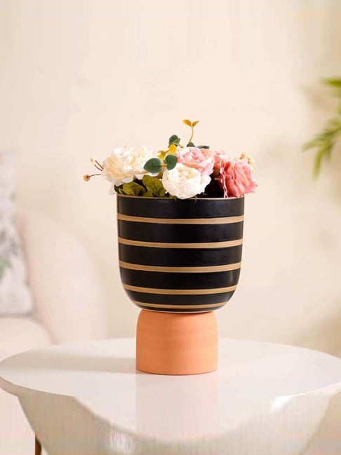 Nestasia Black Ceramic Striped Decorative Flower Vase