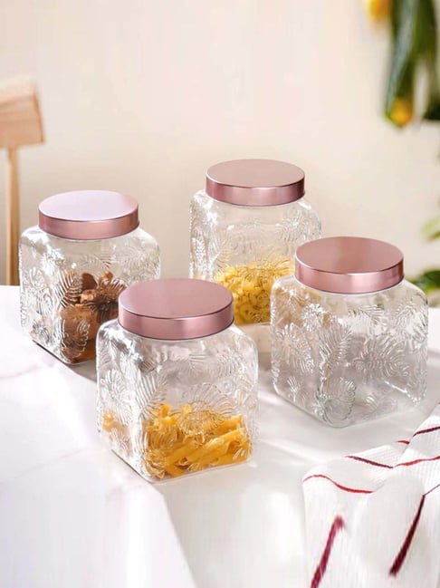 Nestasia Tropical Leaf Glass Airtight Jars With Lid 2000ml - Set of 4 (Transparent & Rose Gold)