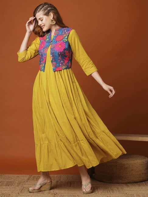 Fashor Yellow Cotton Printed Maxi Dress With Jacket