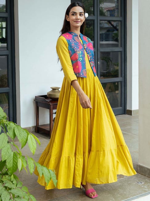 Ethnic Wear Yellow Colour Maxi Dress Fashor Yellow Cotton Printed