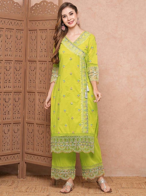 Fashor Green Cotton Embroidered Kurta Palazzo Set