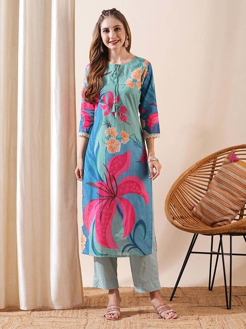 Fashor Blue Cotton Printed Kurta Pant Set