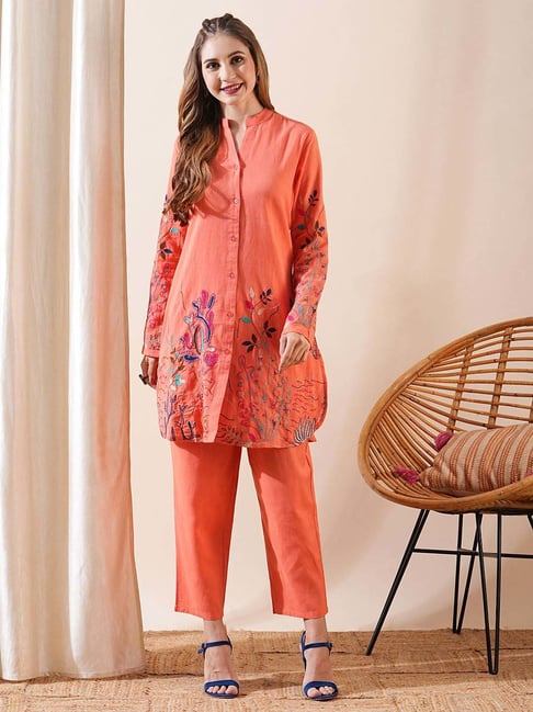 Fashor Orange Cotton Embroidered Kurti Pant Set