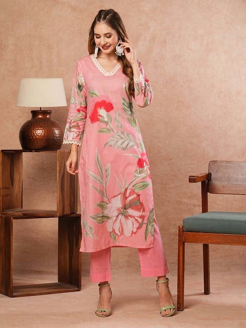 Fashor Pink Cotton Embroidered Kurta Pant Set