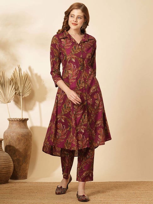 Fashor Maroon Cotton Printed Kurta Pant Set