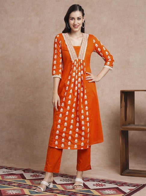 Fashor Orange Cotton Embroidered Kurti Pant Set