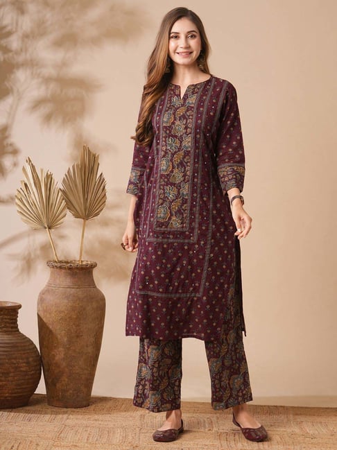 Fashor Maroon Cotton Embroidered Kurta Palazzo Set