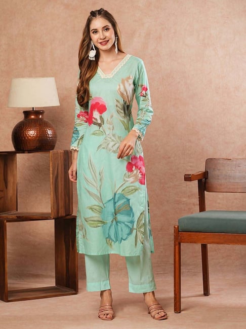 Fashor Turquoise Cotton Embroidered Kurta Pant Set