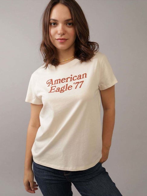 American Eagle Outfitters Beige Cotton Printed T-Shirt