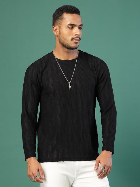 Rigo Black Slim Fit Solid Knit T-Shirt
