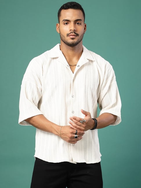 Rigo Off White Loose Fit Solid Oversized Shirt