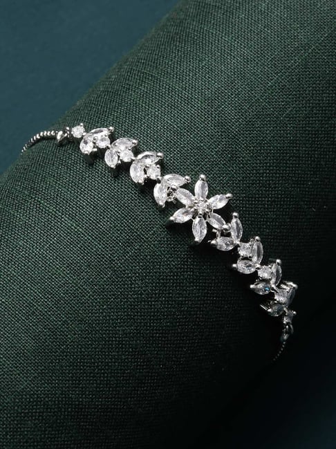 Zeneme Rhodium Plated Silver Toned Crystal AD Floral Link Adjustable Bracelet-image-14