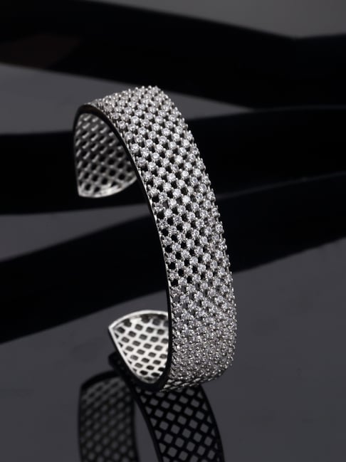 Zeneme Rhodium Plated American Diamond Studded Adjustable Cuff Bracelet