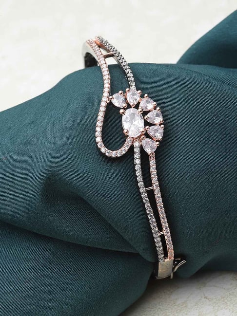 Zeneme Rhodium Plated White American Diamond Contemporary Kada Style Bracelets-picture-37