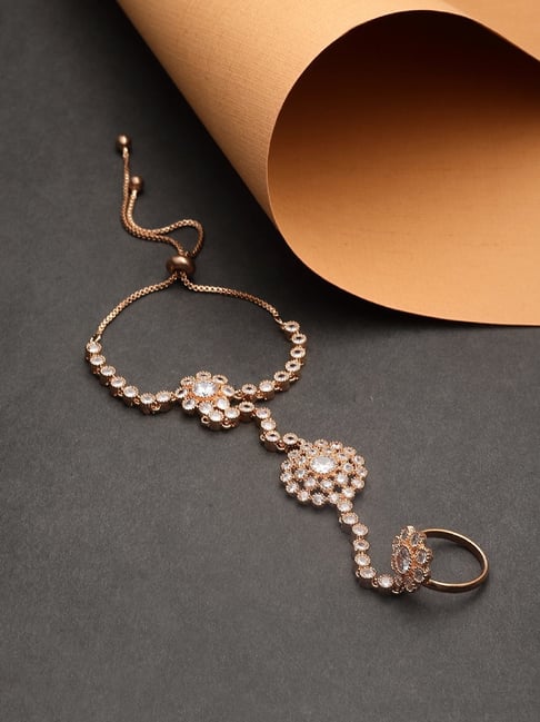 Zeneme Rhodium Plated Silver Toned Crystal Studded AD and Connected Ring Bracelet