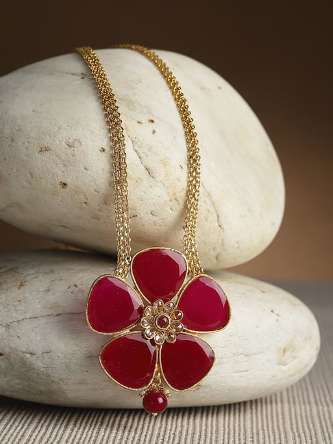 Zeneme Gold Plated Red CZ Studded Flower Necklace