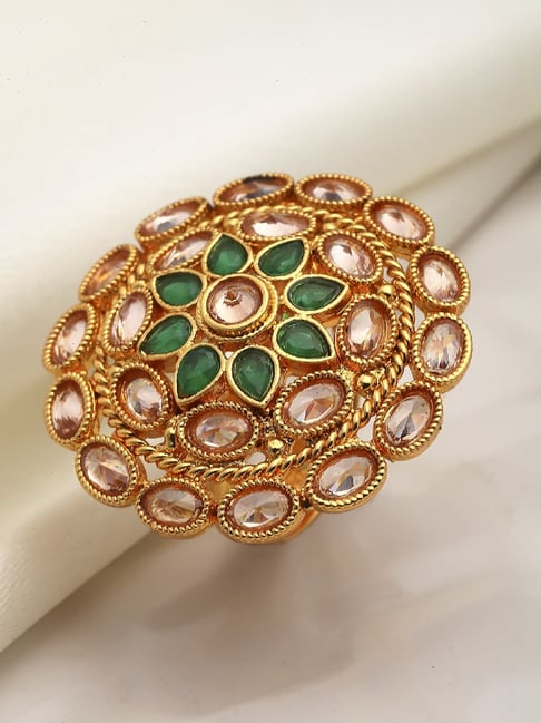 Zeneme Gold Plated Green CZ Stone Studded Adjustable Finger Ring