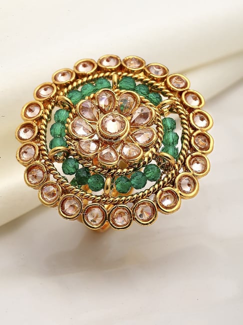 Zeneme Gold Plated Green CZ Stone Studded Adjustable Finger Ring