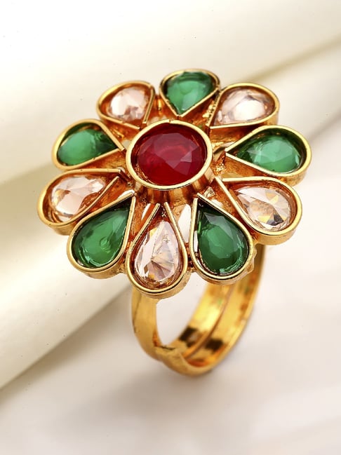 Zeneme Gold Plated Multi Colour CZ Stone Studded Adjustable Finger Ring