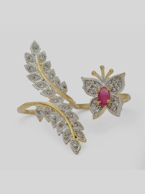 Zeneme Gold Plated AD Studded Leaf and Butterfly Adjustable Finger Ring