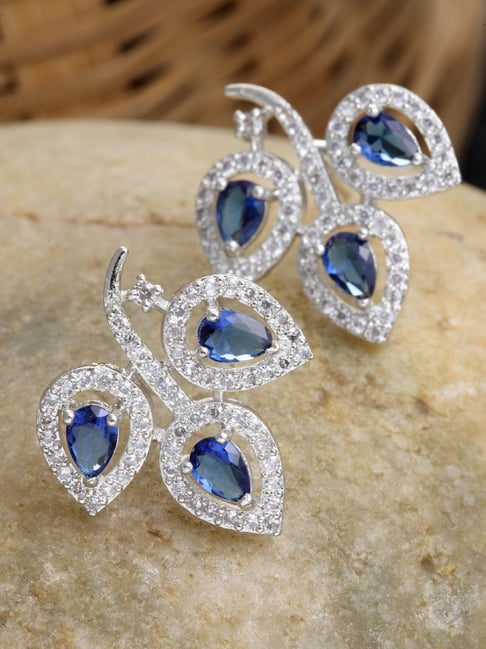 Zeneme Rhodium Plated Silver Blue AD Contemporary Leaf Stud Earrings-picture-13