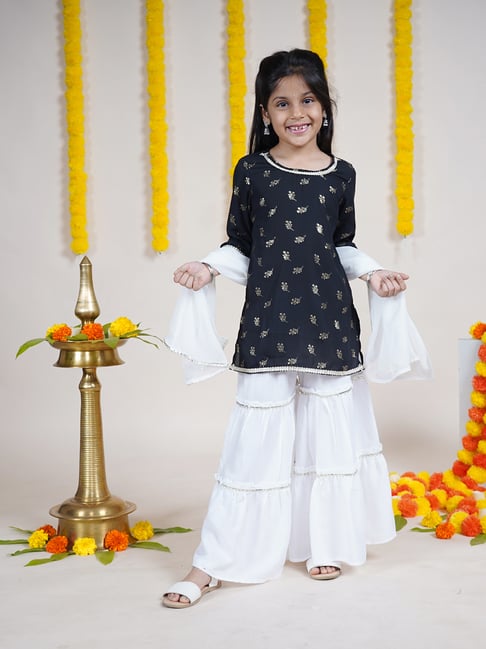 Kiddopanti Girls Black & White Printed Kurta, Sharara with Dupatta-picture-16
