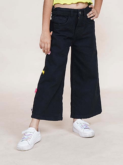 Kiddopanti Girls Black Applique Jeans