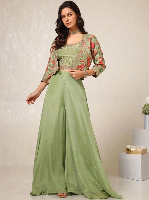 Ethnic Jacket Palazzo And Long Jacket Soch Green Embroidered Crop