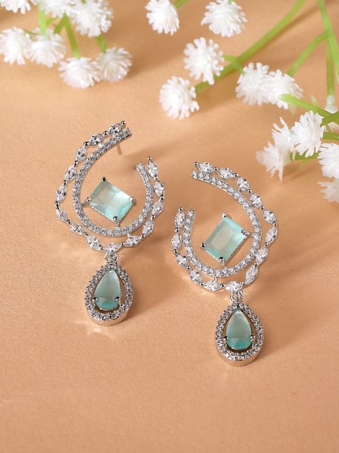Zeneme Rhodium Plated Silver Toned Sea Green AD Studded Drop Earrings-image-29