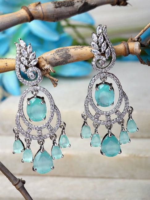 Zeneme Rhodium Plated Silver Toned Sea Green AD Studded Oval Crytsal Dangler Earrings-image-18
