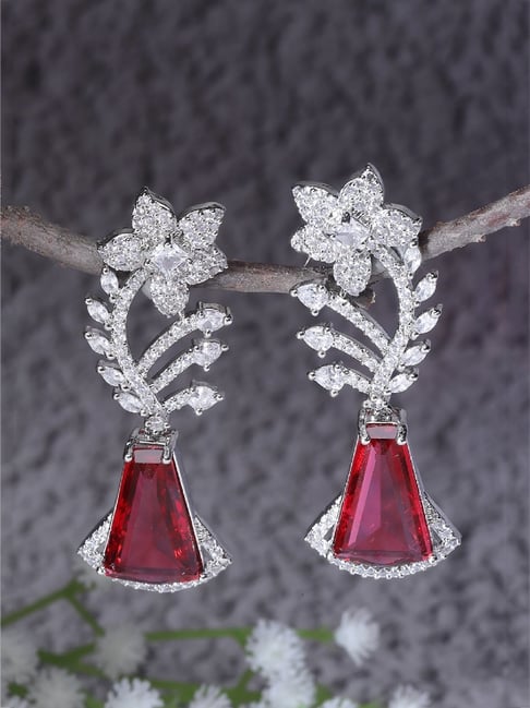 Zeneme Rhodium Plated Red AD Studded Floral Theme Drop Earrings-picture-26