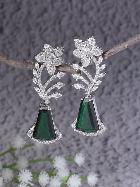 Zeneme Rhodium Plated Green AD Studded Floral Theme Drop Earrings-picture-47