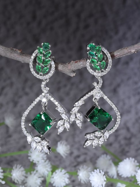 Zeneme Rhodium Plated Green AD Crytsal Studded Drop Earrings-picture-29