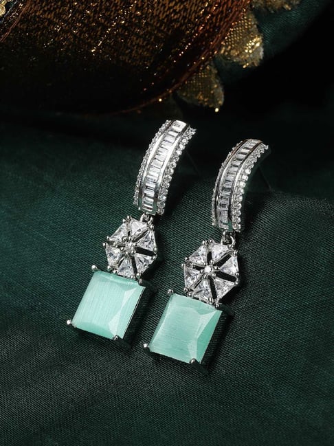 Zeneme Silver Plated Rhodium Sea Green AD Studded Drop Earrings-image-27