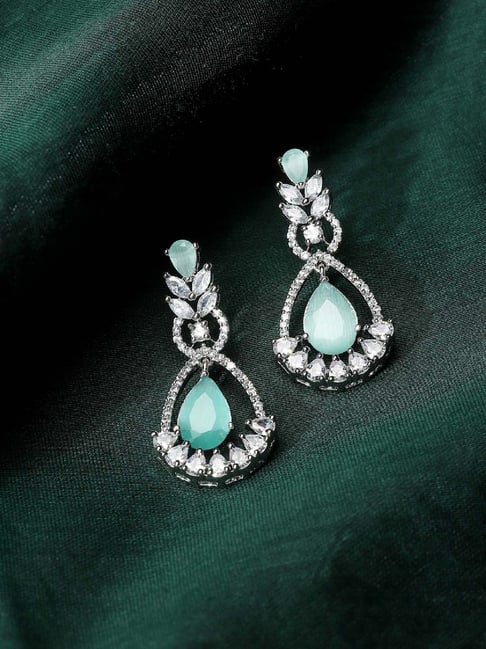 Zeneme Rhodium Plated Silver Toned Sea Green AD Drop Earrings-picture-18