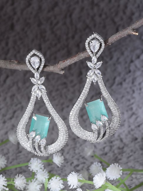 Zeneme Rhodium Plated Sea Green Crystal AD Quirky Dangler Earrings-image-37